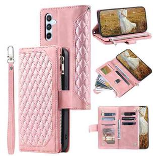 For Samsung Galaxy A17 5G Grid Texture Zipper Leather Phone Case with Lanyard(Rose Gold)