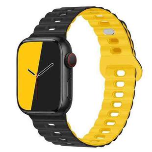 For Apple Watch Series 9 41mm Reverse Buckle Breathable Silicone Watch Band(Black Yellow)