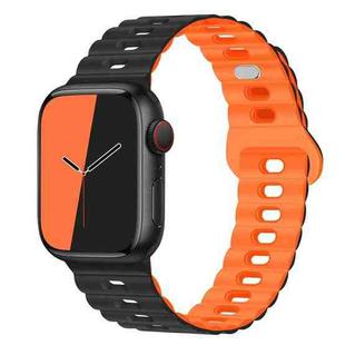 For Apple Watch Ultra 49mm Reverse Buckle Breathable Silicone Watch Band(Black Orange)