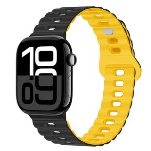 For Apple Watch Series 10 46mm Reverse Buckle Breathable Silicone Watch Band(Black Yellow)