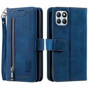 For Honor X6b 4G Global Zipper Wallet Bag Horizontal Flip PU Phone Case with 9 Card Slots(Blue)