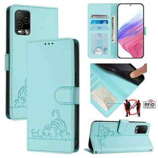 For BLU View 5 Pro Cat Rat Embossed RFID Leather Phone Case with Lanyard(Mint Green)