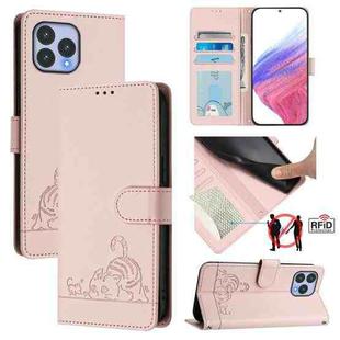 For Wiko T60 Cat Rat Embossed RFID Leather Phone Case with Lanyard(Pink)