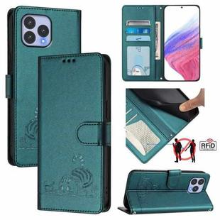 For Wiko T60 Cat Rat Embossed RFID Leather Phone Case with Lanyard(Peacock Green)