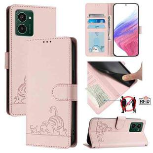 For HMD Pulse Pro Cat Rat Embossed RFID Leather Phone Case with Lanyard(Pink)