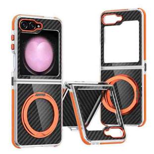 For Samsung Galaxy Z Flip5 Dual-Color Carbon Fiber 360 Rotating Holder Phone Case(Orange)