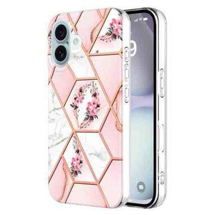 For iPhone 16 Plus Splicing Marble Flower IMD TPU Phone Case(Pink Flower)