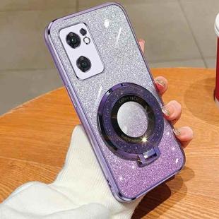 For OPPO Reno7 Global Plated Gradient Glitter Round Holder TPU Phone Case(Purple)