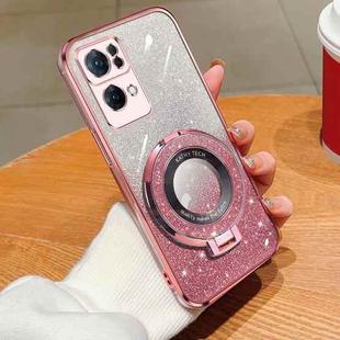 For OPPO Reno7 Pro 5G Plated Gradient Glitter Round Holder TPU Phone Case(Pink)