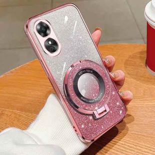 For OPPO A17 Plated Gradient Glitter Round Holder TPU Phone Case(Pink)