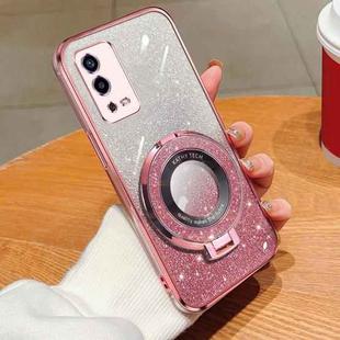 For OPPO A55 4G Plated Gradient Glitter Round Holder TPU Phone Case(Pink)