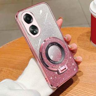 For OPPO A58 4G Plated Gradient Glitter Round Holder TPU Phone Case(Pink)