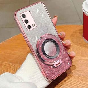 For OPPO A74 4G Plated Gradient Glitter Round Holder TPU Phone Case(Pink)