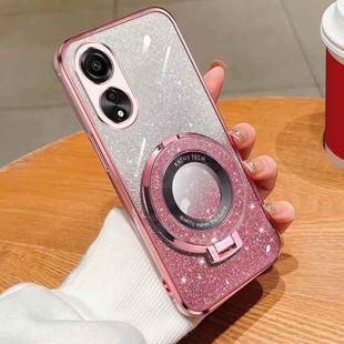 For OPPO A78 4G Plated Gradient Glitter Round Holder TPU Phone Case(Pink)