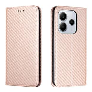 For Redmi Note 14 4G 163.25mm Carbon Fiber Texture Magnetic Flip Leather Phone Case(Rose Gold)