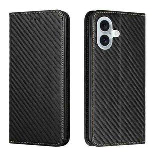 For iPhone 16 Plus Carbon Fiber Texture Magnetic Flip Leather Phone Case(Black)