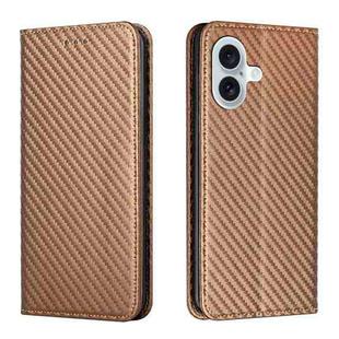 For iPhone 16 Plus Carbon Fiber Texture Magnetic Flip Leather Phone Case(Brown)