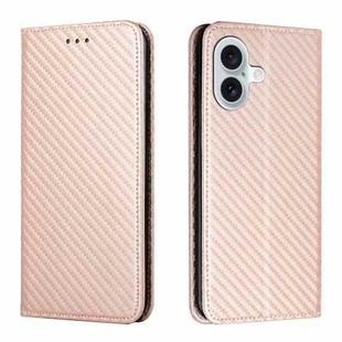 For iPhone 16 Plus Carbon Fiber Texture Magnetic Flip Leather Phone Case(Rose Gold)