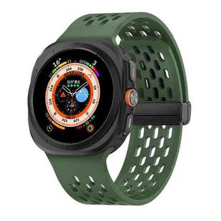 For Samsung Galaxy Watch Ultra 47mm Hole Style Plastic Connector Magnetic Folding Buckle Silicone Watch Band(Dark Green)