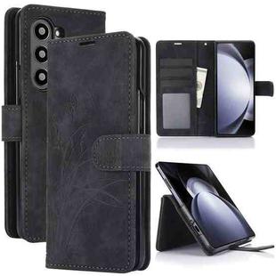 For Samsung Galaxy Z Fold6 Orchid Butterfly Embossed Leather Phone Case(Black)