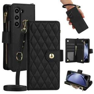 For Samsung Galaxy Z Fold6 Rhombic Zipper Card Wallet Leather Phone Case with Lanyard(Black)