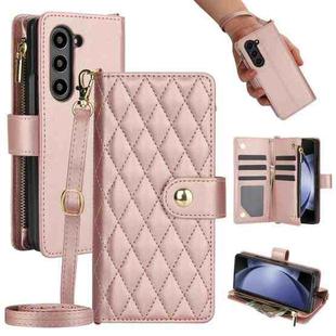 For Samsung Galaxy Z Fold6 Rhombic Zipper Card Wallet Leather Phone Case with Lanyard(Rose Gold)