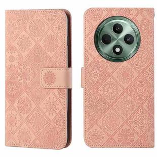 For OPPO Reno12 F Global Ethnic Style Embossed Pattern Leather Phone Case(Pink)