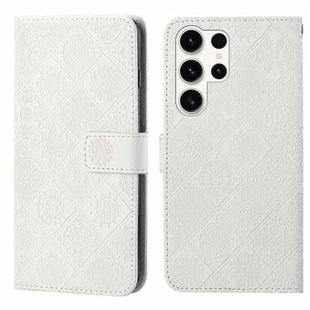 For Samsung Galaxy S25 Ultra 5G Ethnic Style Embossed Pattern Leather Phone Case(White)