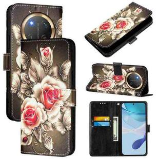 For Honor X9c 5G Colored Drawing Pattern Plain Weave Leather Phone Case(Roses On Black)