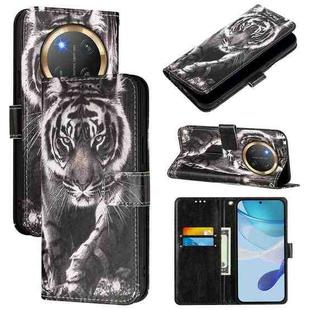 For Honor X9c 5G Colored Drawing Pattern Plain Weave Leather Phone Case(Black And White Tiger)