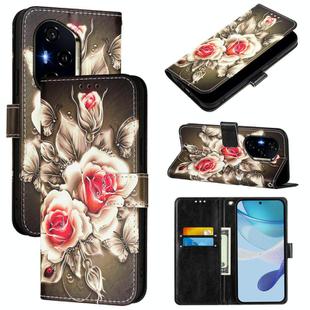 For Honor 300 Pro / 300 Ultra Colored Drawing Pattern Plain Weave Leather Phone Case(Roses On Black)