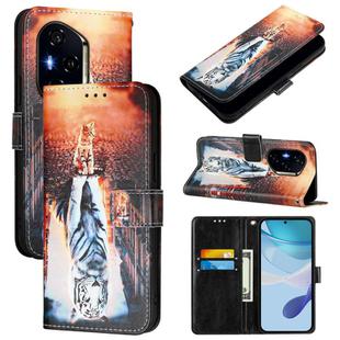 For Honor 300 Pro / 300 Ultra Colored Drawing Pattern Plain Weave Leather Phone Case(Cats And Tigers)