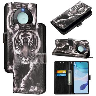 For Honor X9c Smart 5G Colored Drawing Pattern Plain Weave Leather Phone Case(Black And White Tiger)