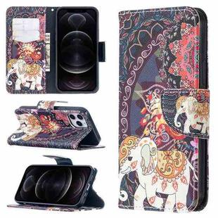 For iPhone 12 / 12 Pro Colored Drawing Pattern Horizontal Flip Leather Case with Holder & Card Slots & Wallet(Flowers and Elephant)