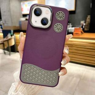 For iPhone 14 Leather Textured Fan Hollow Cooling MagSafe Magnetic Phone Case(Purple)