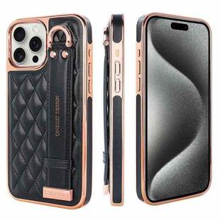 For iPhone 15 Pro Max VIETAO Rhombic Texture Wristband PU Phone Case(Black)