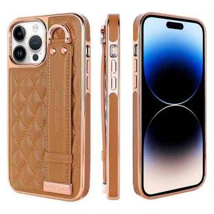 For iPhone 14 Pro VIETAO Rhombic Texture Wristband PU Phone Case(Brown)