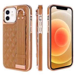 For iPhone 12 / 12 Pro VIETAO Rhombic Texture Wristband PU Phone Case(Brown)