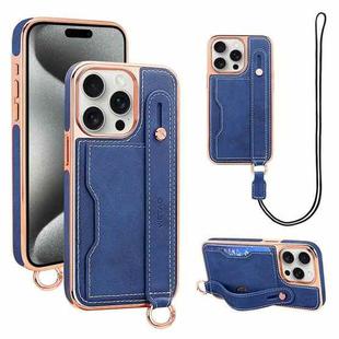 For iPhone 15 Pro Max VIETAO Card Slot Wristband Phone Case with Lanyard(Blue)