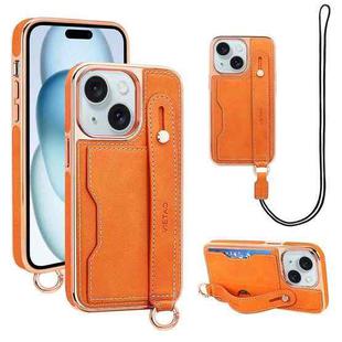 For iPhone 15 Plus VIETAO Card Slot Wristband Phone Case with Lanyard(Orange)