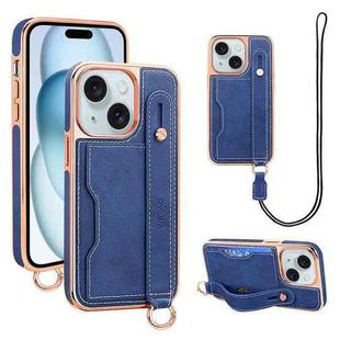 For iPhone 15 Plus VIETAO Card Slot Wristband Phone Case with Lanyard(Blue)