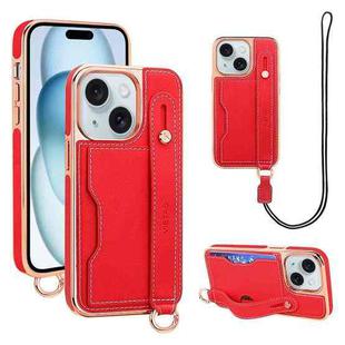 For iPhone 15 Plus VIETAO Card Slot Wristband Phone Case with Lanyard(Red)