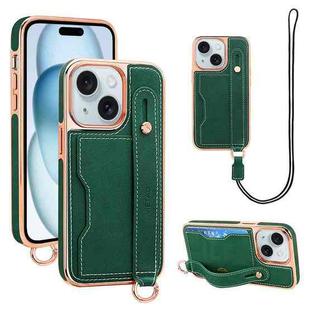 For iPhone 15 Plus VIETAO Card Slot Wristband Phone Case with Lanyard(Green)