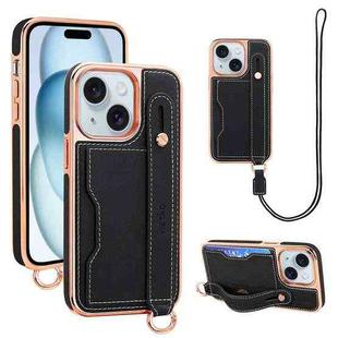 For iPhone 15 Plus VIETAO Card Slot Wristband Phone Case with Lanyard(Black)