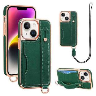 For iPhone 14 VIETAO Card Slot Wristband Phone Case with Lanyard(Green)