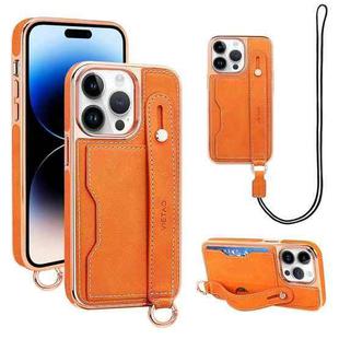 For iPhone 14 Pro Max VIETAO Card Slot Wristband Phone Case with Lanyard(Orange)