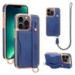 For iPhone 13 Pro Max VIETAO Card Slot Wristband Phone Case with Lanyard(Blue)