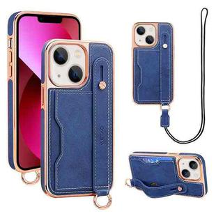 For iPhone 13 VIETAO Card Slot Wristband Phone Case with Lanyard(Blue)