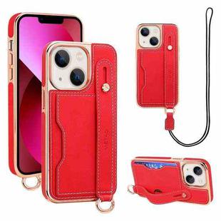 For iPhone 13 VIETAO Card Slot Wristband Phone Case with Lanyard(Red)