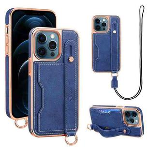 For iPhone 12 Pro Max VIETAO Card Slot Wristband Phone Case with Lanyard(Blue)